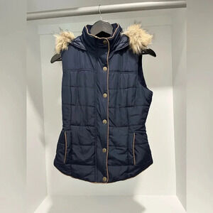 PRINCE & FOX navy puffer vest zip snaps removable fur trim hood pockets Small